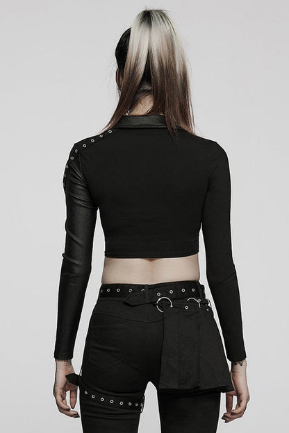 Black Gothic Super Cool Slim Fit Strap Sexy Cropped Pullover Long Sleeve Women's Polo Tee
