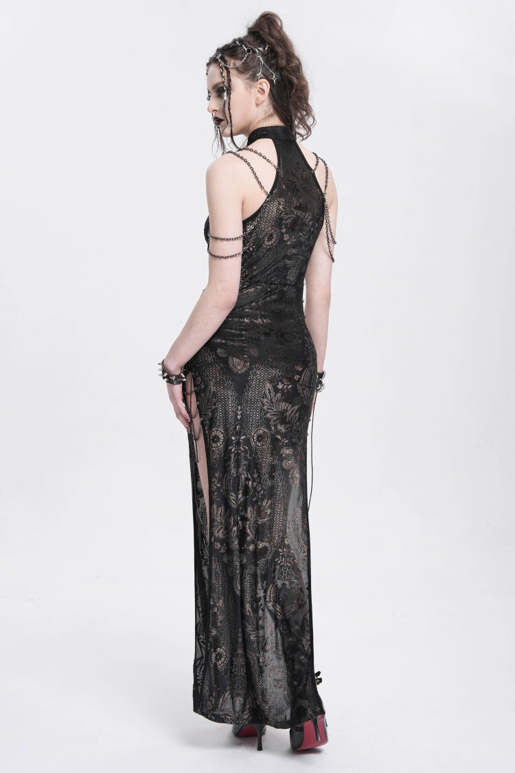 Black Off Shoulder Halterneck Sleeveless Side Slit Women's Gothic Dress