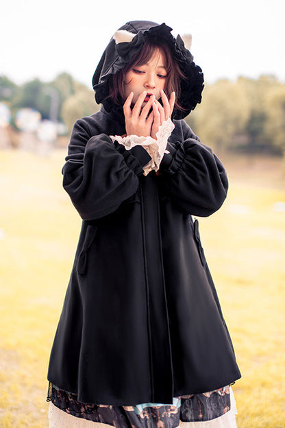 Black Cat Tail Long Sleeves Ruffle Bowknot Hooded Sweet Lolita Coat