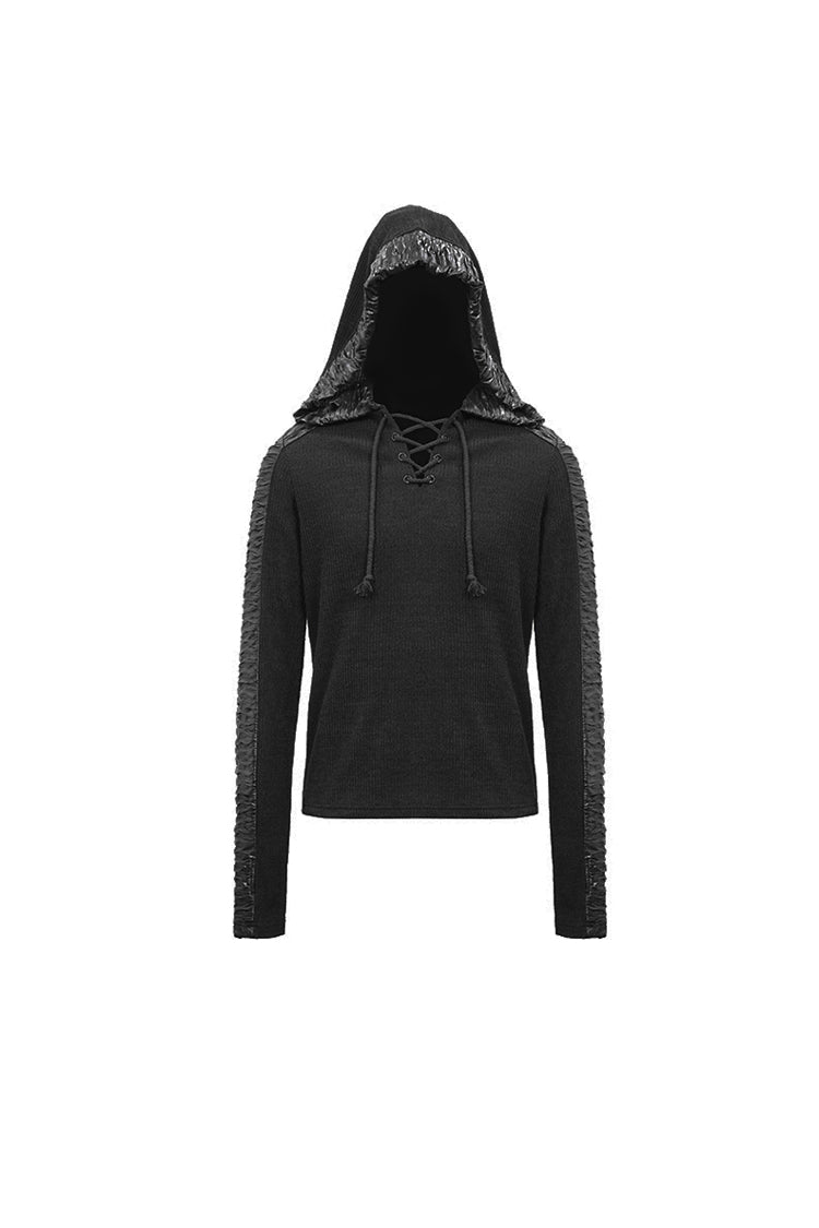 Black Chest Lace Up Vertical Stripes Woolen Splice Bright Crimped Fabric Hooded Men's Punk T-Shirt