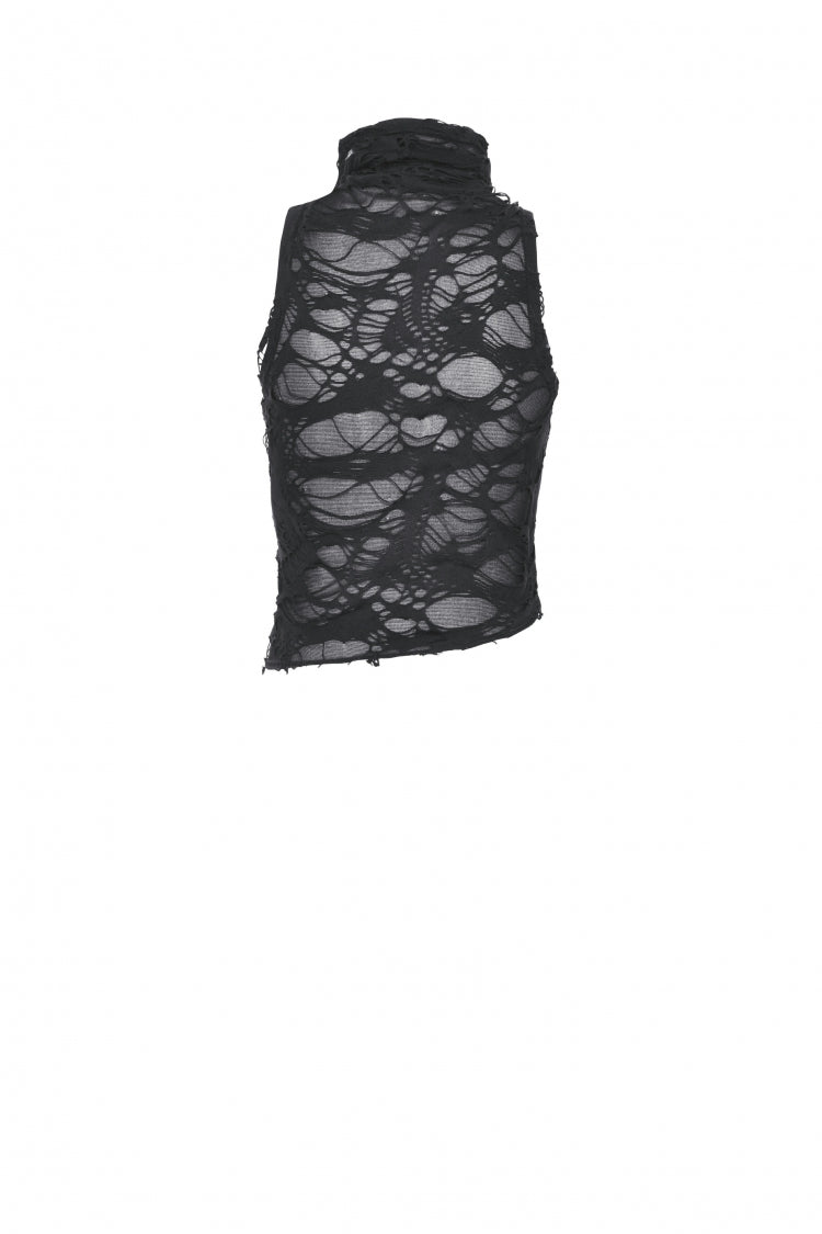 Black High Collar Sleeveless Irregular Asymmetric Lace-Up Eyelet Women's Punk Ripped Tank Top
