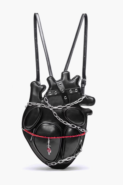 Black Creative Heart Chain-Decorated Gothic Lolita Backpack with Binding Straps and Chain