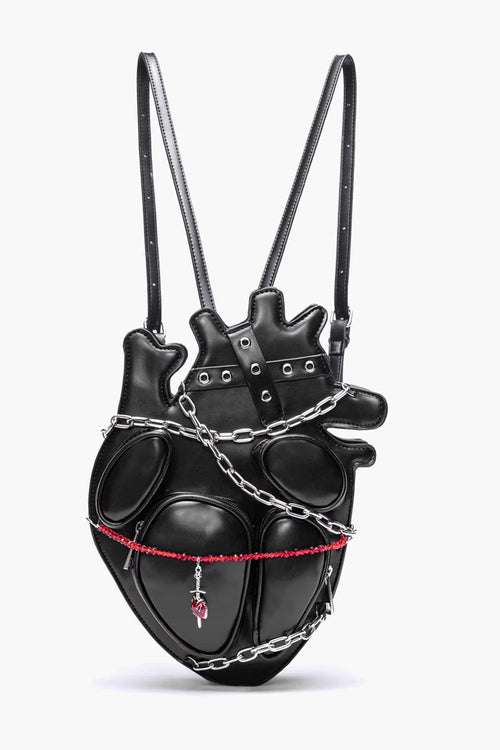 Black Creative Heart Chain-Decorated Gothic Lolita Backpack with Binding Straps and Chain
