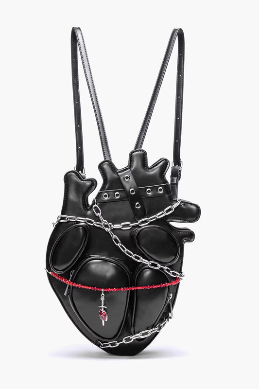 Black Creative Heart Chain-Decorated Gothic Lolita Backpack with Binding Straps and Chain