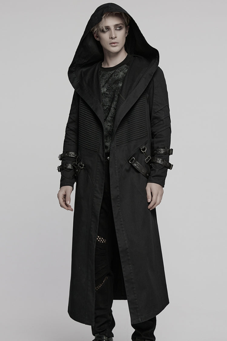 Black Lapel Collar Long Sleeves Hooded Pleated Men's Punk Coat with Buckle Strap