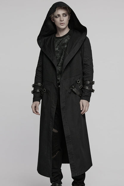 Black Lapel Collar Long Sleeves Hooded Pleated Men's Punk Coat with Buckle Strap