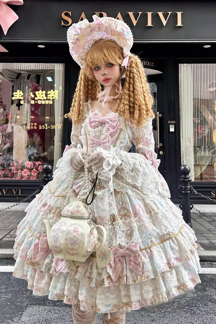 Apricot [Candlelight Elegance] Long Trumpet Sleeves Multi-Layered Ruffle Bowknot Lace Sweet Elegant Lolita Dress