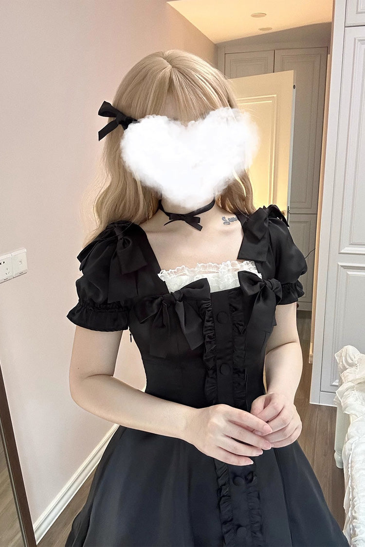 Black Annie's Gift Short Sleeves Bowknot Short Version Sweet Lolita Dress (Plus Size Support)