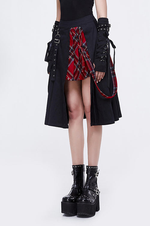 Black And Red Young Girls Fake 2 Pieces Scottish Plaid With Adjust Loops Punk Skirt