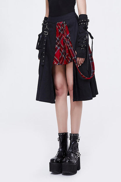 Black And Red Young Girls Fake 2 Pieces Scottish Plaid With Adjust Loops Punk Skirt