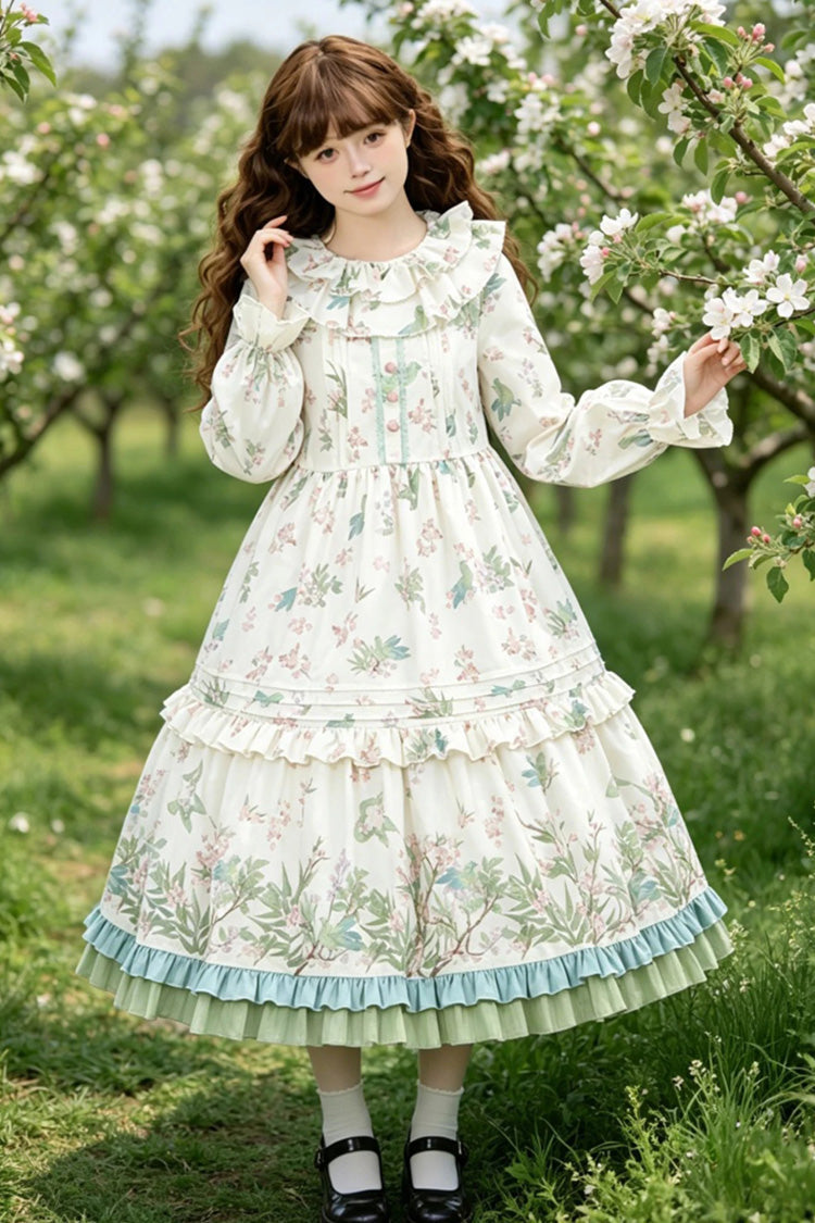 Apricot Round Collar Long Sleeves Double-Layered Floral Bird Printed Ruffled Bow Sweet Plus Size Lolita Dress