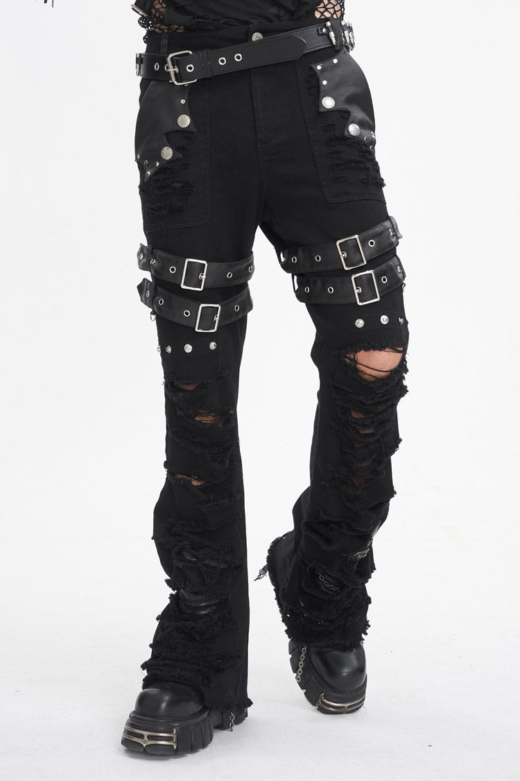 Black High Waisted Ripped Detachable Tassels  Men's Punk Pants