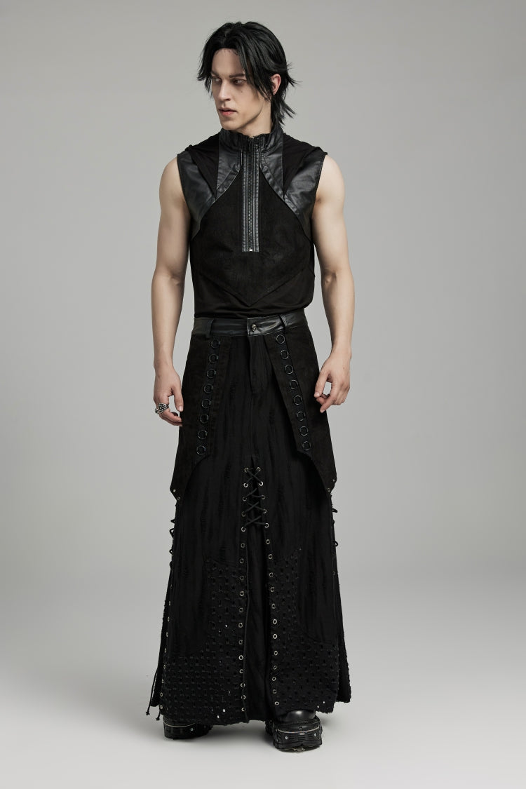 Black Lace-Up Ripped Eyelet Men's Punk Skirt