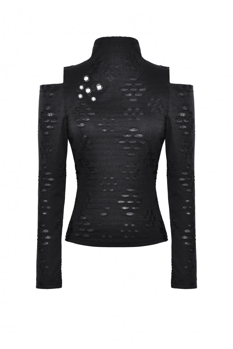 Black Long Sleeves Cut-Out Ripped Zippered Eyelets Women's Punk Distressed Top