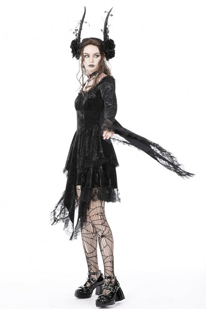 Black Irregular Long Trumpet Sleeves Lace Spliced Women's Gothic Velvet Graduation Dress
