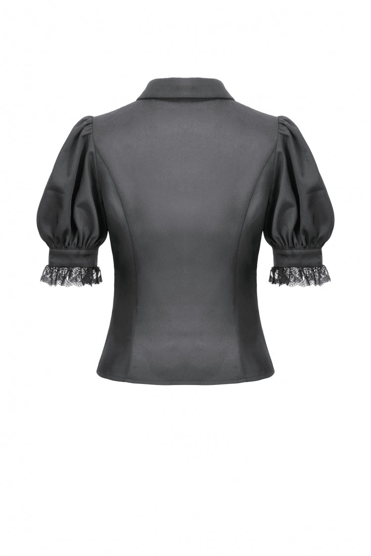 Black Point Lapel Collar Short Puff Sleeves Women's Gothic Blouse with Removable Rosette Cravat