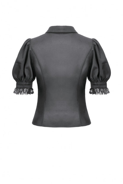Black Point Lapel Collar Short Puff Sleeves Women's Gothic Blouse with Removable Rosette Cravat