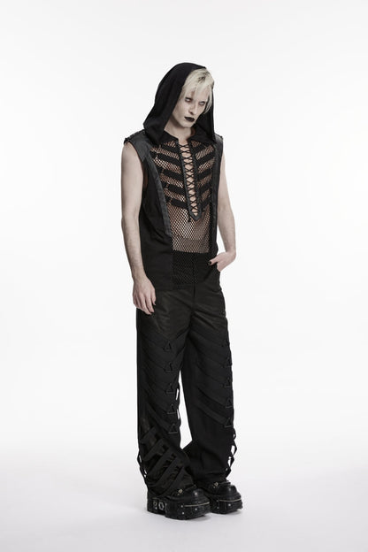 Black Multi-Layered Mesh Eyelet Men's Punk Cool Strappy Pants