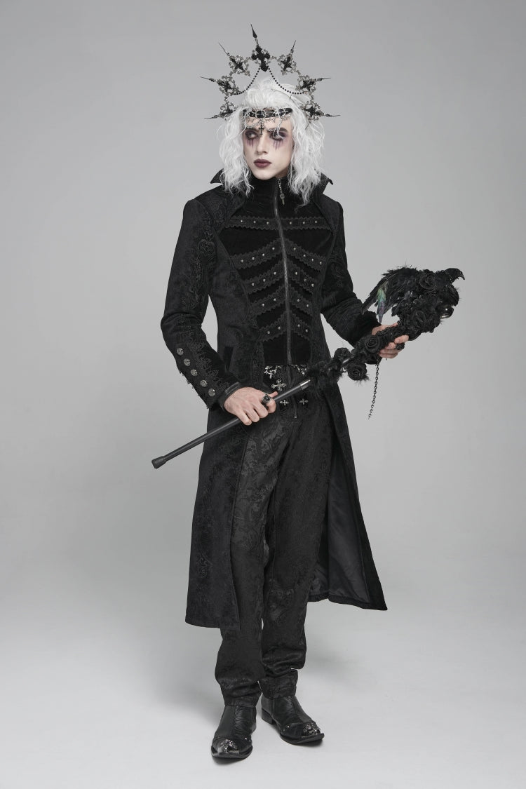 Black Diamante Stand Collar Long Sleeves Printed Zippered Men's Gothic Long Coat