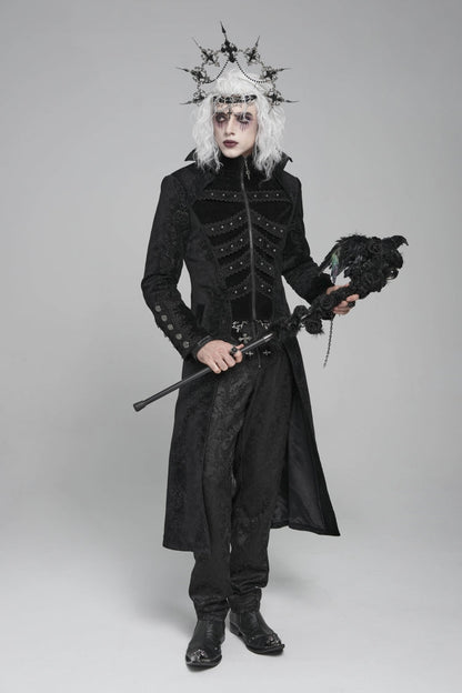 Black Diamante Stand Collar Long Sleeves Printed Zippered Men's Gothic Long Coat