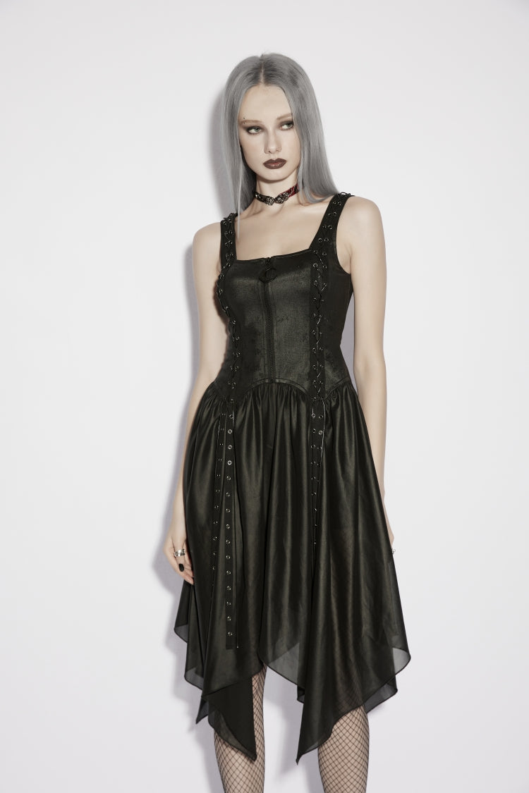 Black Off Shoulder Slim Irregular Zippered Eyelet Women's Punk College Style Dress