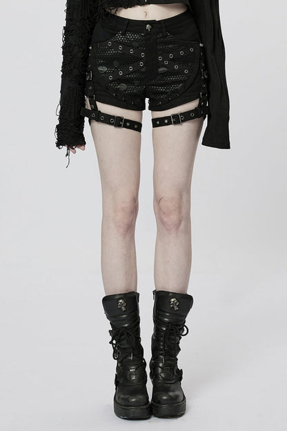 Black Faux Leather Stitching Mesh Buckles Women's Steampunk Shorts