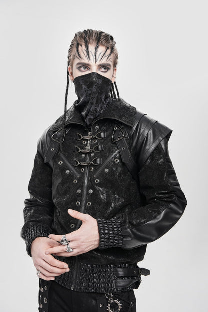Black Faux Leather Stitching Buckle Zipper Straps Men's Punk Coat