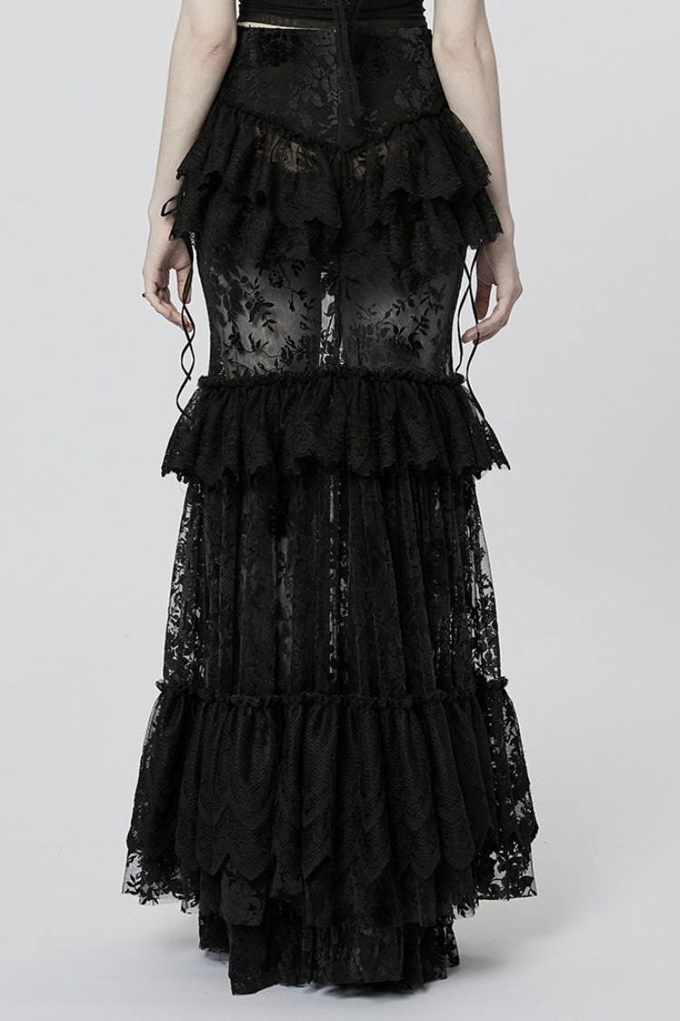 Black Multi-layer Print Ruffle Stitching Lace Sheer Women's Gothic Gorgeous Skirt