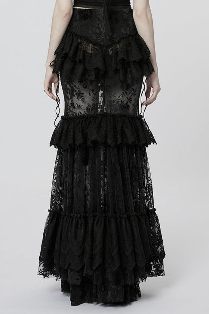 Black Multi-layer Print Ruffle Stitching Lace Sheer Women's Gothic Gorgeous Skirt