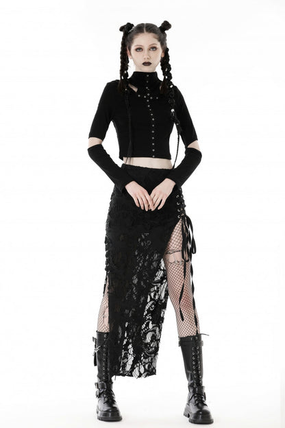 Black Lace-Up Ripped Women's Punk Split Long Skirt