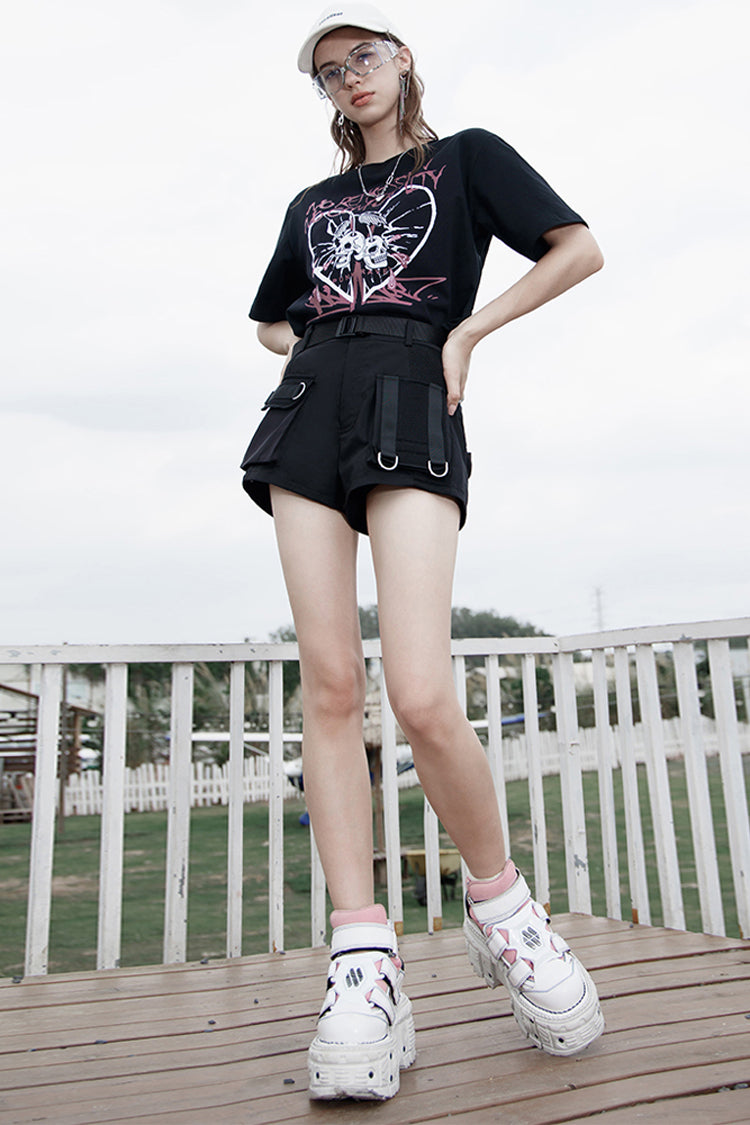 Black Clasp Belt Multi-Level Pocket Pit Ribbon Decoration High Waist Women's Punk Shorts