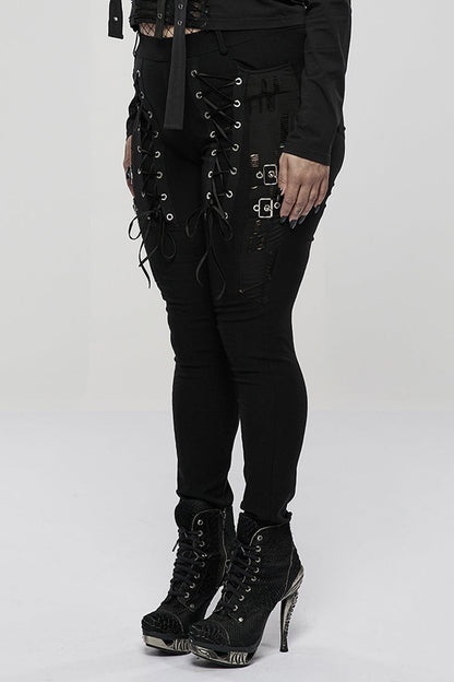 Black Elasticity Knitting Holes Design Cross Tied Rope Decoration Sexy Tight Women's Plus Size Punk Trousers