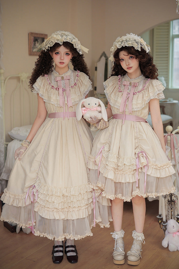 Apricot [Lily's Dream] Stand Collar Short Sleeves Loose-Fit Doll-Like Multi-Layered Ruffled Bow Lace Sweet Lolita Dress 2 Versions