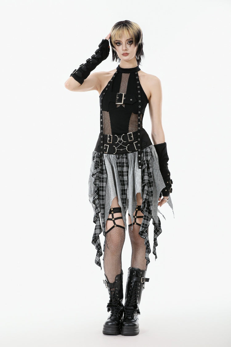 Black Off Shoulder Halterneck Sleeveless Mesh Eyelet Strap Women's Punk Top