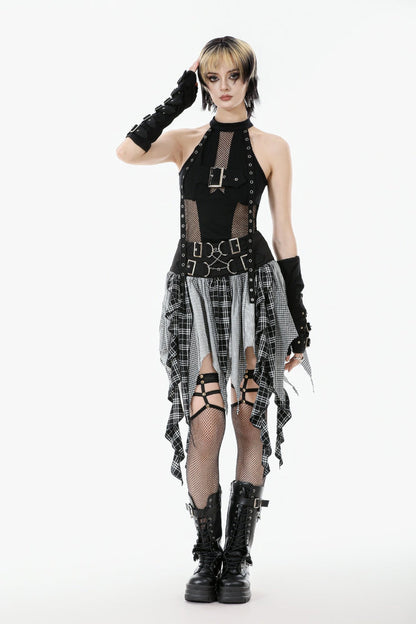 Black Off Shoulder Halterneck Sleeveless Mesh Eyelet Strap Women's Punk Top