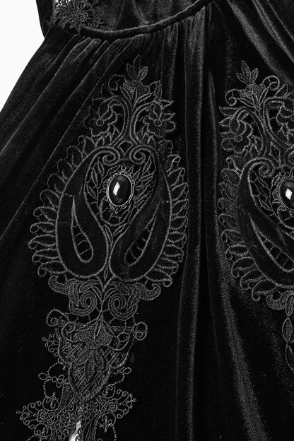 Black Floral Embroidery Diamante Velvet Hooded Women's Gothic Cloak