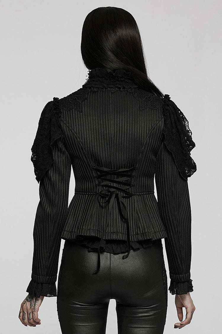 Black Gothic Lace Jacquard Double Row Velvet Button Metal Zip Back Lace Up Women's Jacket