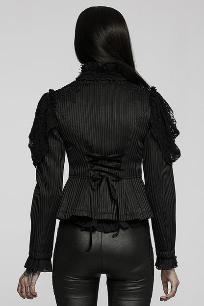 Black Gothic Lace Jacquard Double Row Velvet Button Metal Zip Back Lace Up Women's Jacket