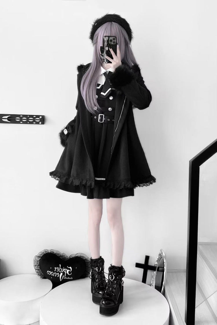 Black Long Sleeves Bowknot Rabbit Ears Detachable Hooded Japanese Jirai Kei Coat