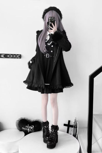 Black Long Sleeves Bowknot Rabbit Ears Detachable Hooded Japanese Jirai Kei Coat