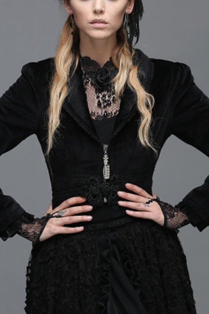 Black Lace Waist Woollen Womens Velvet Short Gothic Jacket With Tail