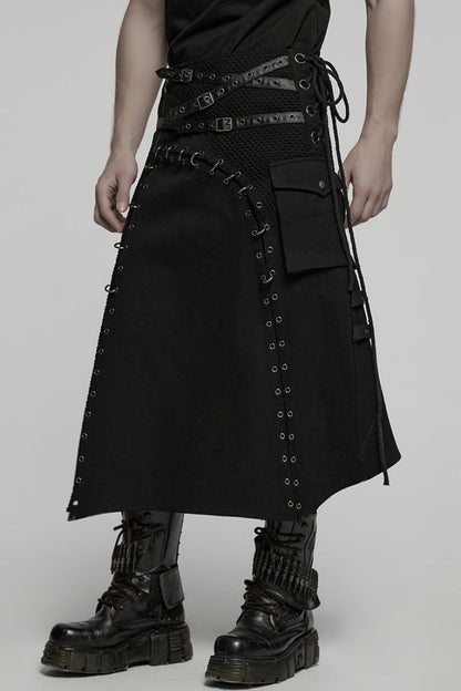 Black Faux Leather Stitching Lace-Up Irregular Mesh Men's Gothic Kilt