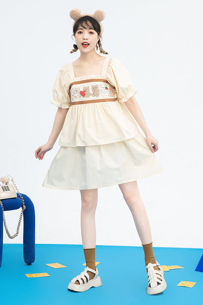 Beige Vintage Square Collar Ruffled Short Sleeves Cartoon Bear Print High Waisted Sweet Lolita Dress