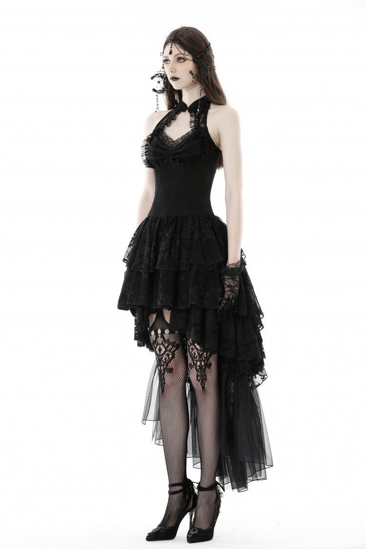 Black Off Shoulder Halterneck Sleeveless Irregular High Low Multi-Layered Lace Women's Gothic Dress