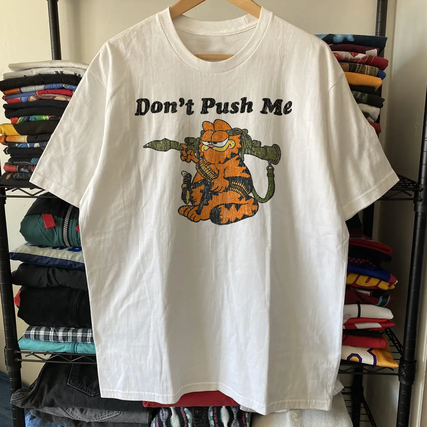 Garfield Don't Push Me Washed White Tee