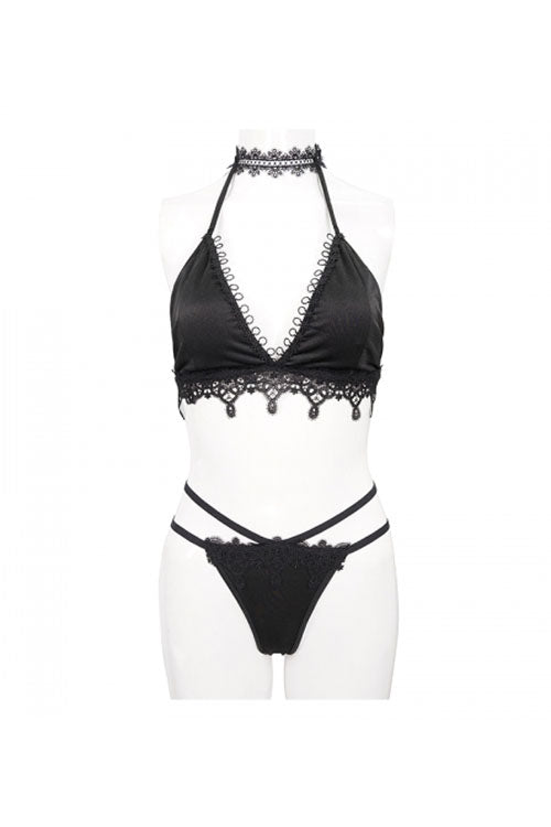 Black Gothic Lace Collar Lace Up Bikini Swimsuit