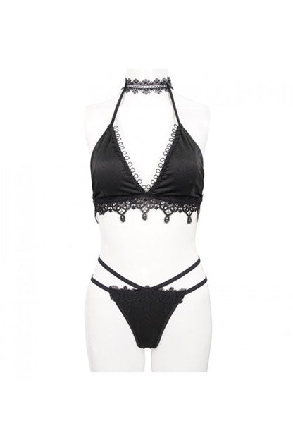 Black Gothic Lace Collar Lace Up Bikini Swimsuit