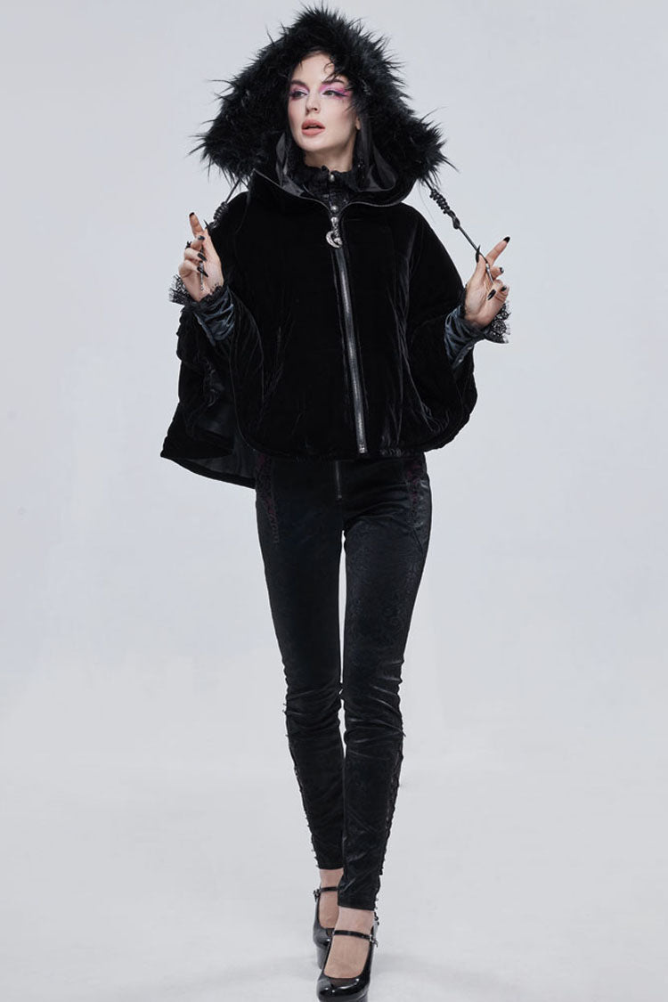 Black Gothic Velvet Collar Crescent Pendant Zipper Warm Short Women's Shawl