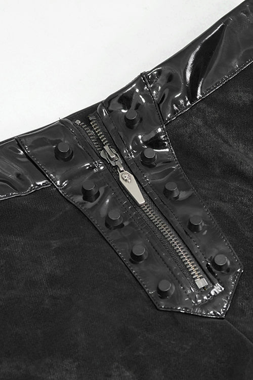 Black Fringe Patent Leather Spliced Punk Leggings Womens Pants