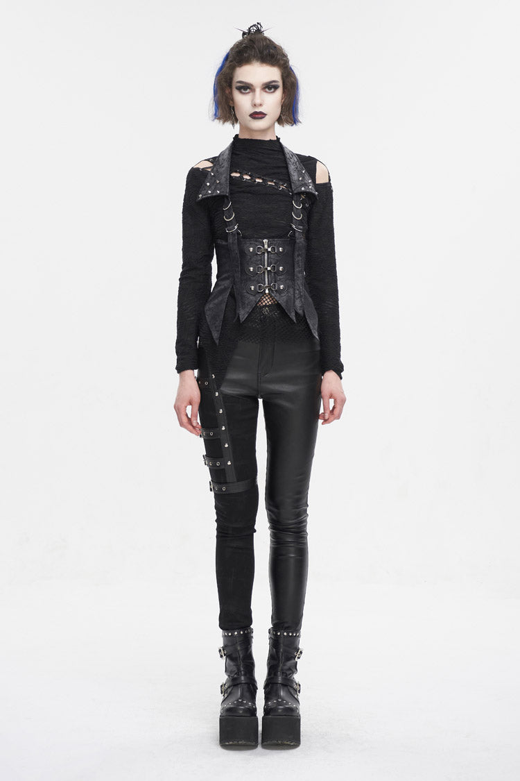 Black Irregular Lace Up Women's Gothic Vest With Detachable Collar